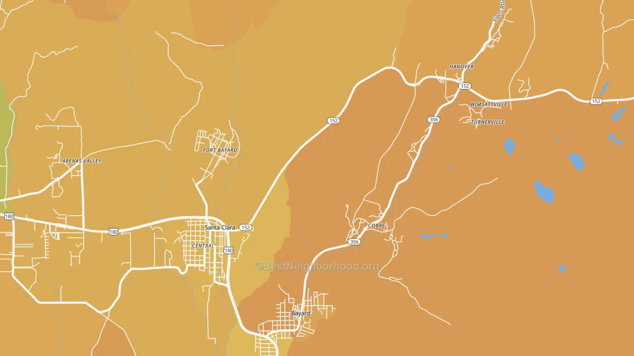 Map of the best neighborhoods in the Vanadium area, with better matches in green and worse matches in red