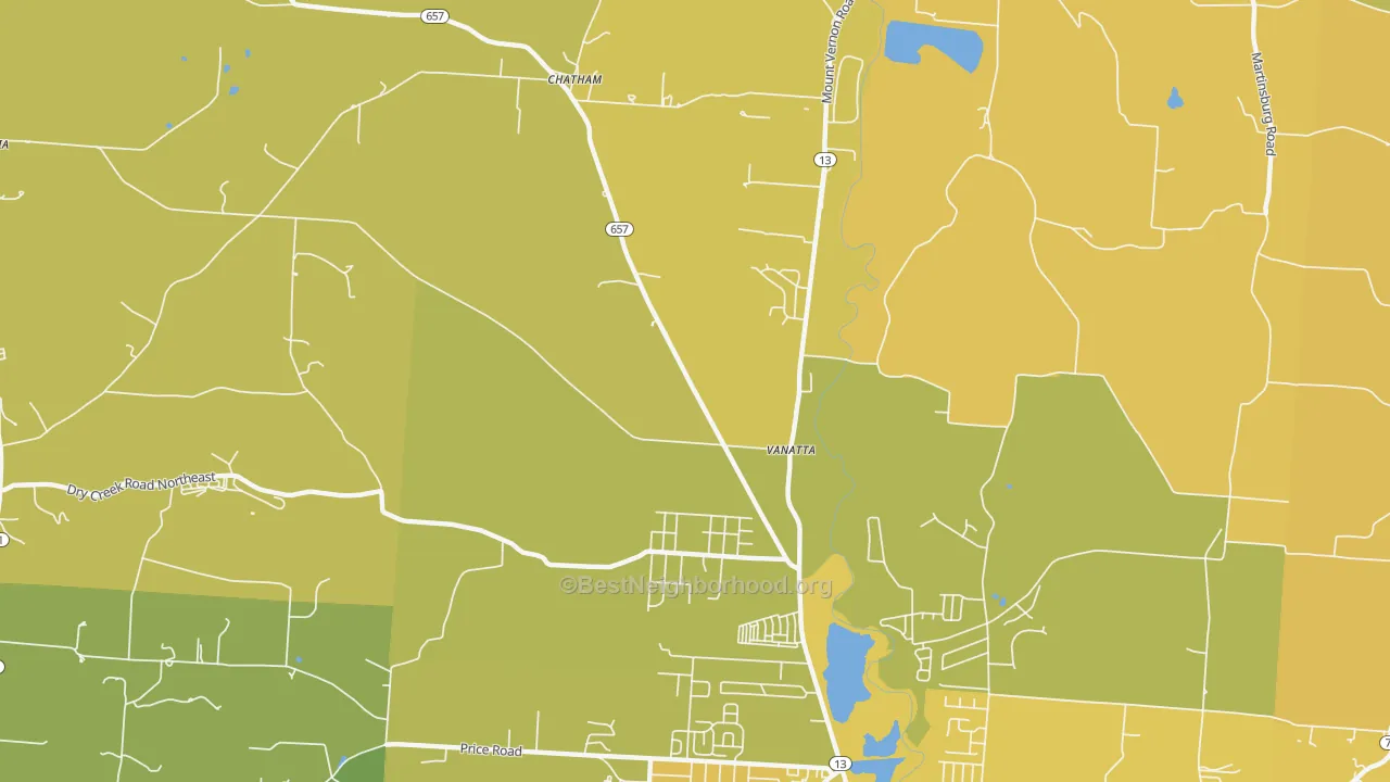 Map of the best neighborhoods in the Vanatta area, with better matches in green and worse matches in red
