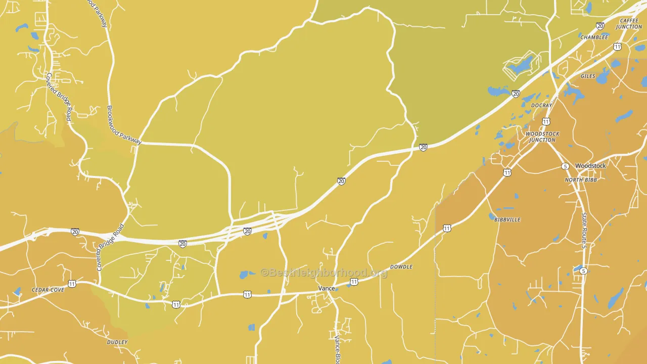 Map of the best neighborhoods in the Vance area, with better matches in green and worse matches in red