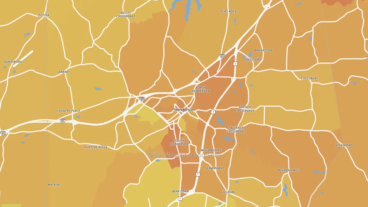 Map of the best neighborhoods in the Vance County area, with better matches in green and worse matches in red