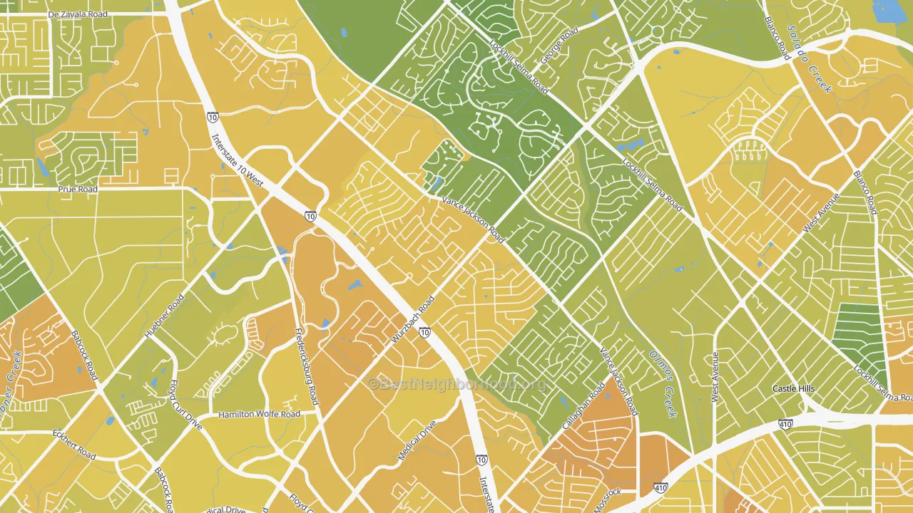 Map of the best neighborhoods in the Vance Jackson, San Antonio area, with better matches in green and worse matches in red