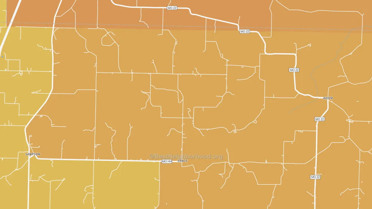 Map of the best neighborhoods in the Vance area, with better matches in green and worse matches in red
