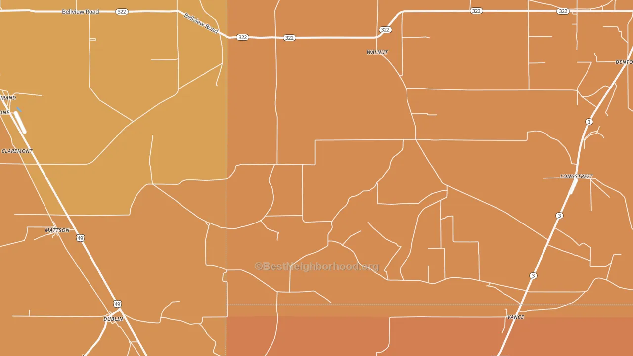 Map of the best neighborhoods in the Vance area, with better matches in green and worse matches in red