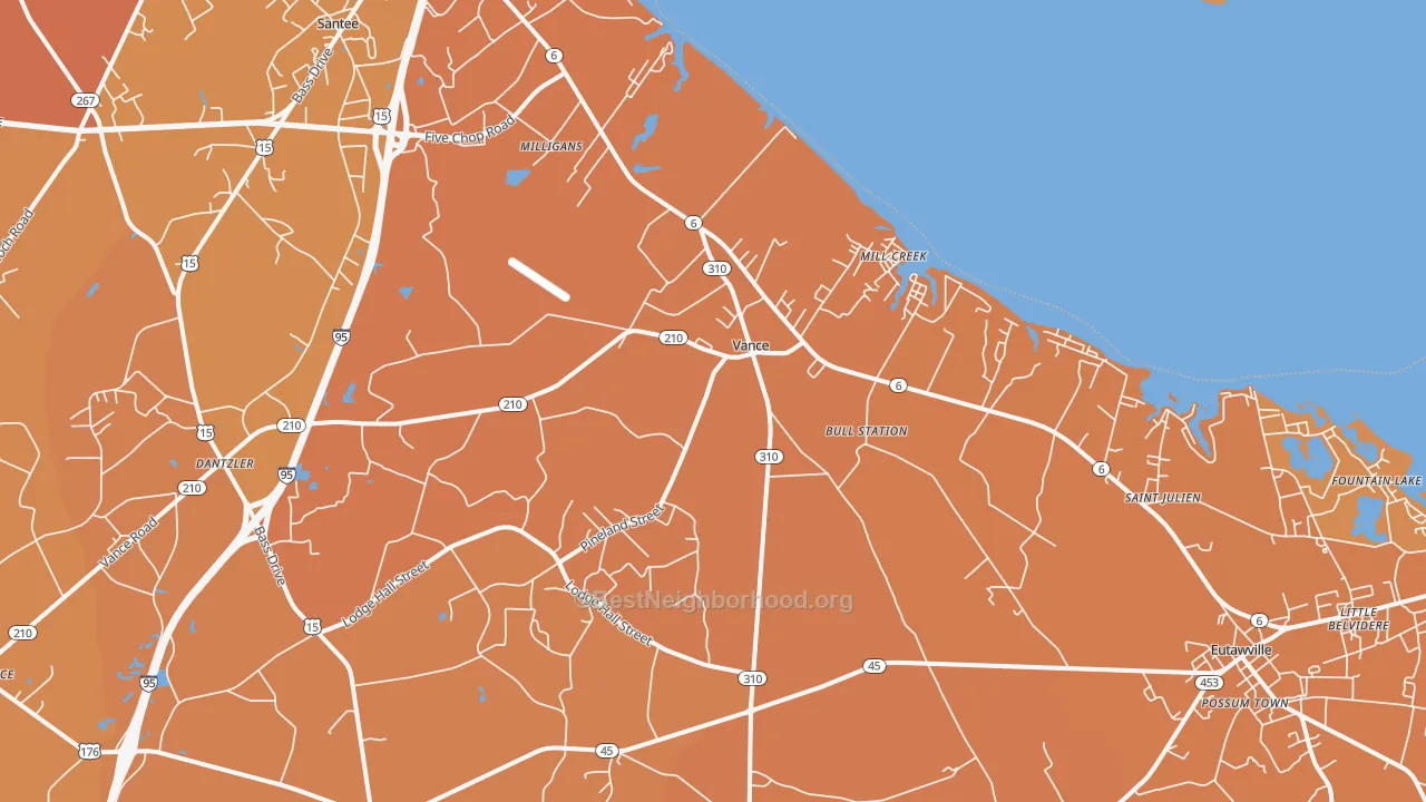 Map of the best neighborhoods in the Vance area, with better matches in green and worse matches in red