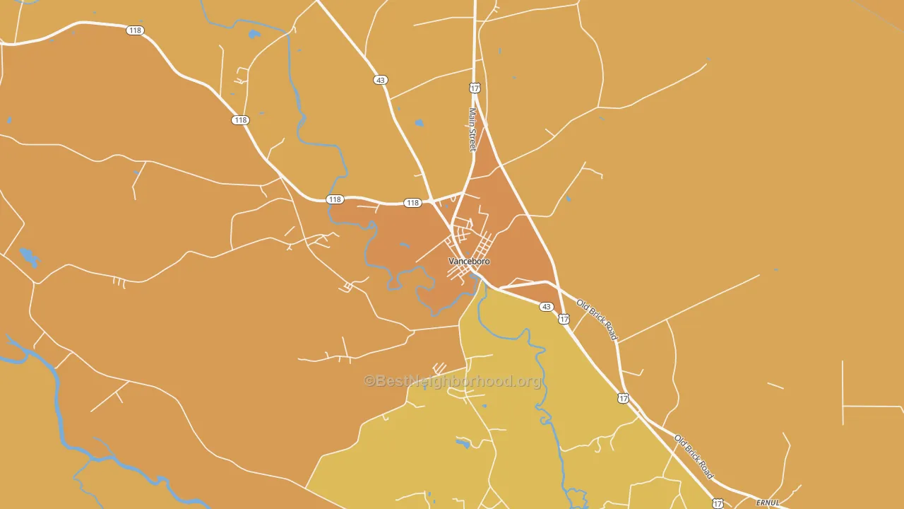 Map of the best neighborhoods in the Vanceboro area, with better matches in green and worse matches in red