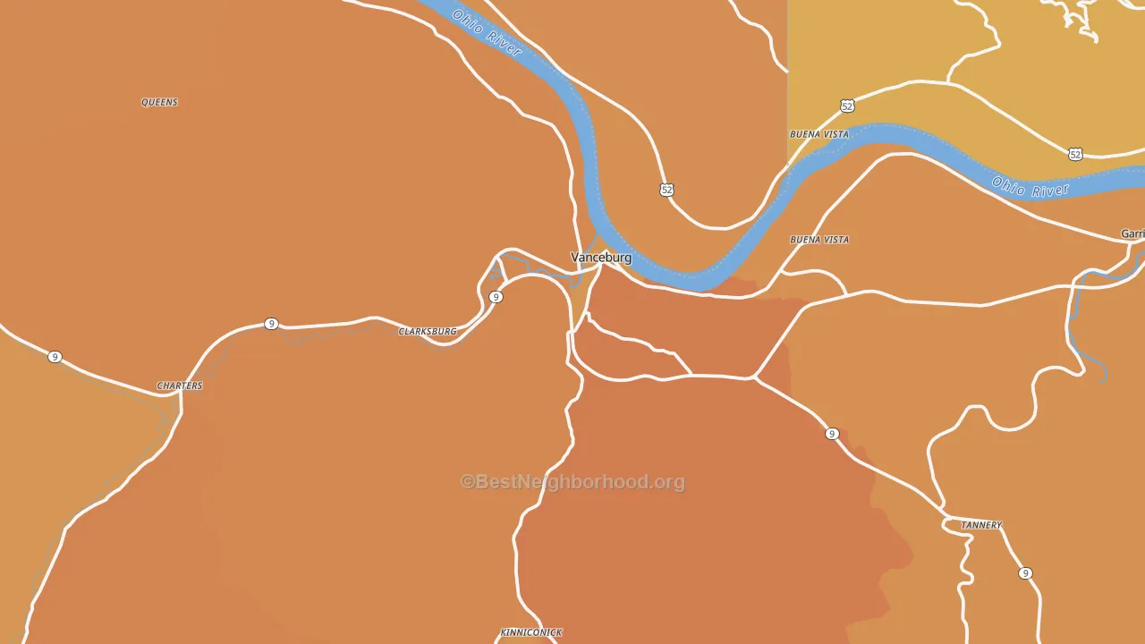 Map of the best neighborhoods in the Vanceburg area, with better matches in green and worse matches in red