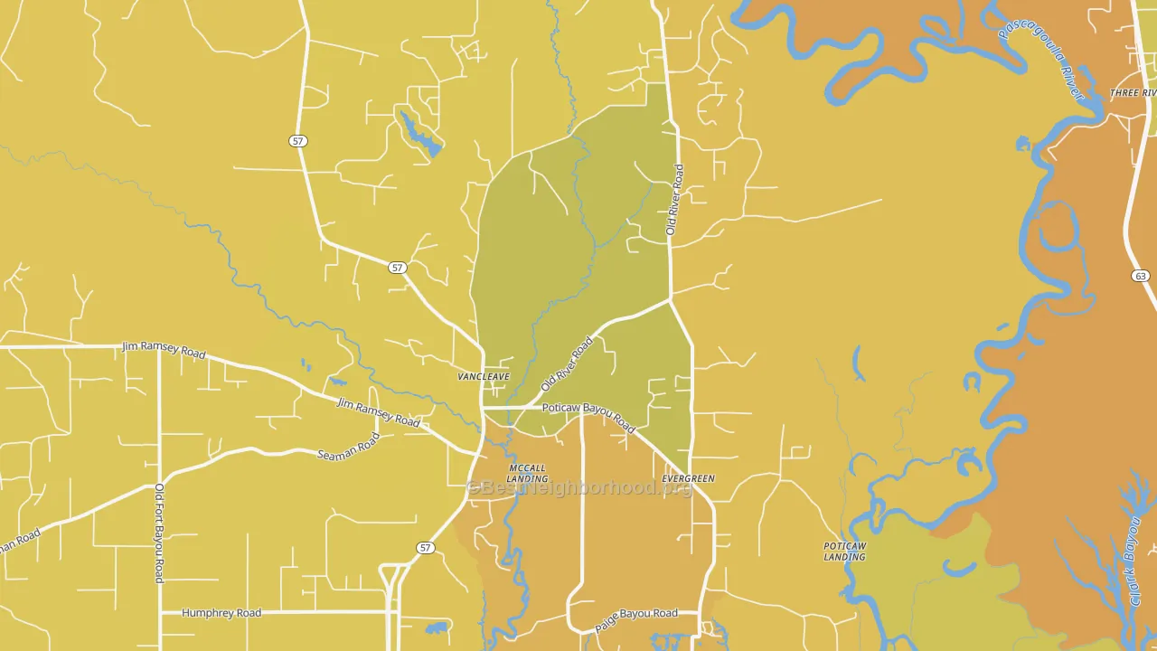 Map of the best neighborhoods in the Vancleave area, with better matches in green and worse matches in red