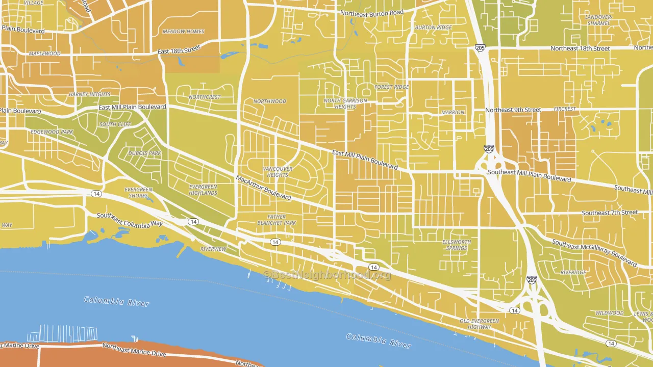 Map of the best neighborhoods in the Vancouver Heights, Vancouver area, with better matches in green and worse matches in red
