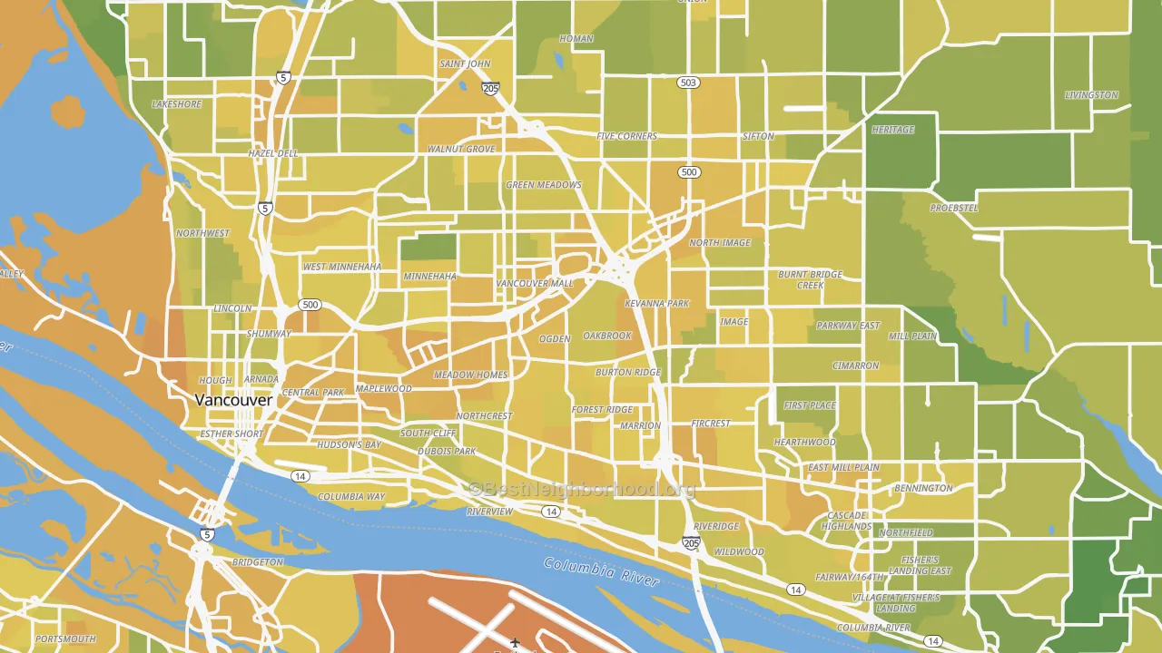 Map of the best neighborhoods in the Vancouver area, with better matches in green and worse matches in red
