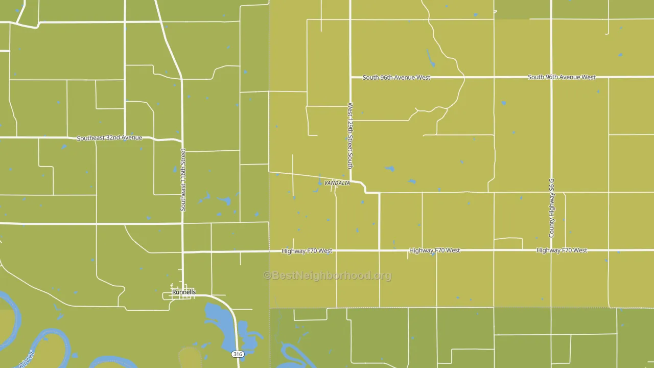 Map of the best neighborhoods in the Vandalia area, with better matches in green and worse matches in red