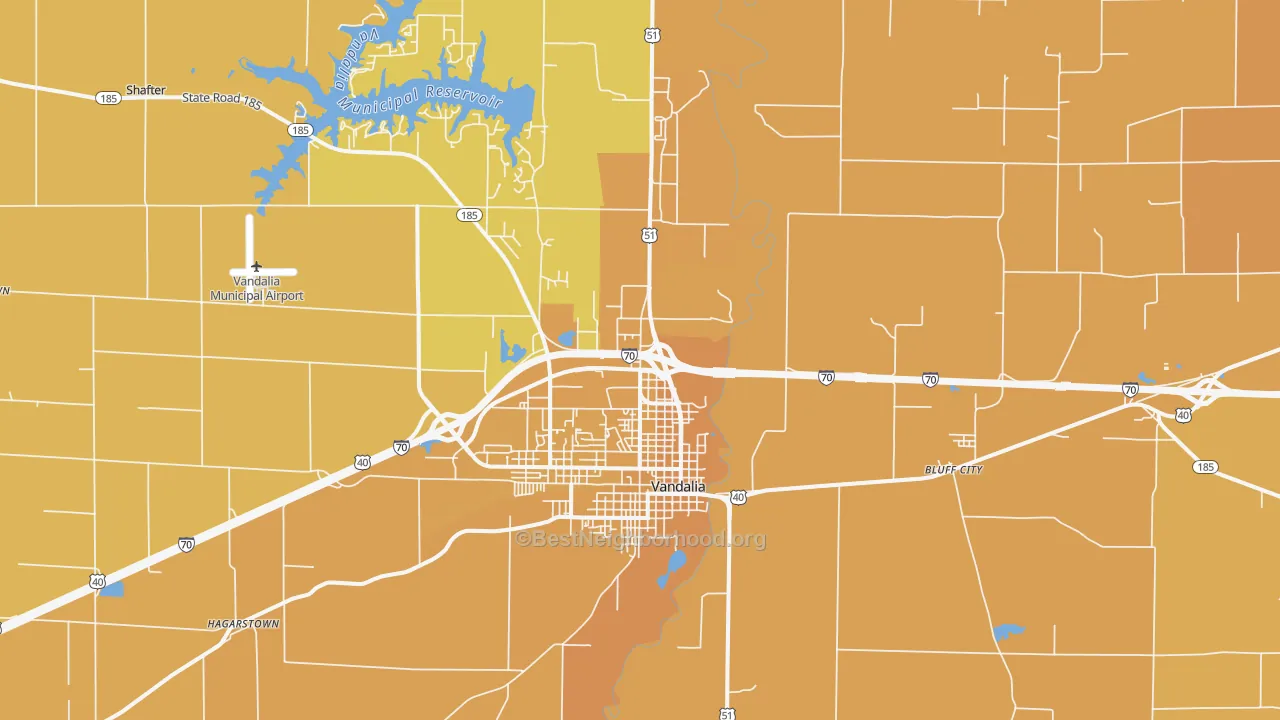 Map of the best neighborhoods in the Vandalia area, with better matches in green and worse matches in red