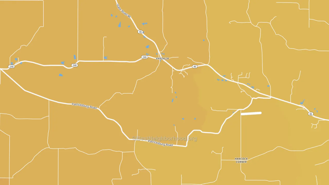Map of the best neighborhoods in the Vandalia area, with better matches in green and worse matches in red