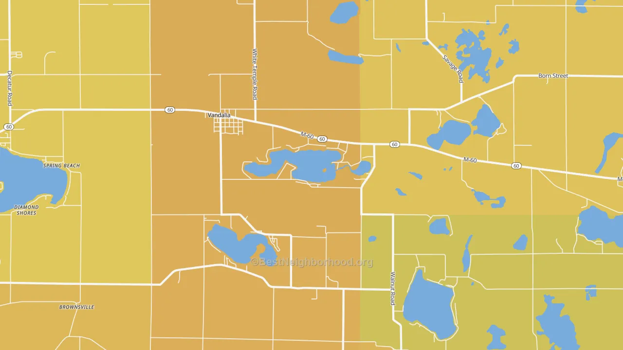 Map of the best neighborhoods in the Vandalia area, with better matches in green and worse matches in red