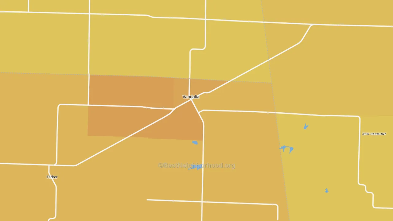 Map of the best neighborhoods in the Vandalia area, with better matches in green and worse matches in red