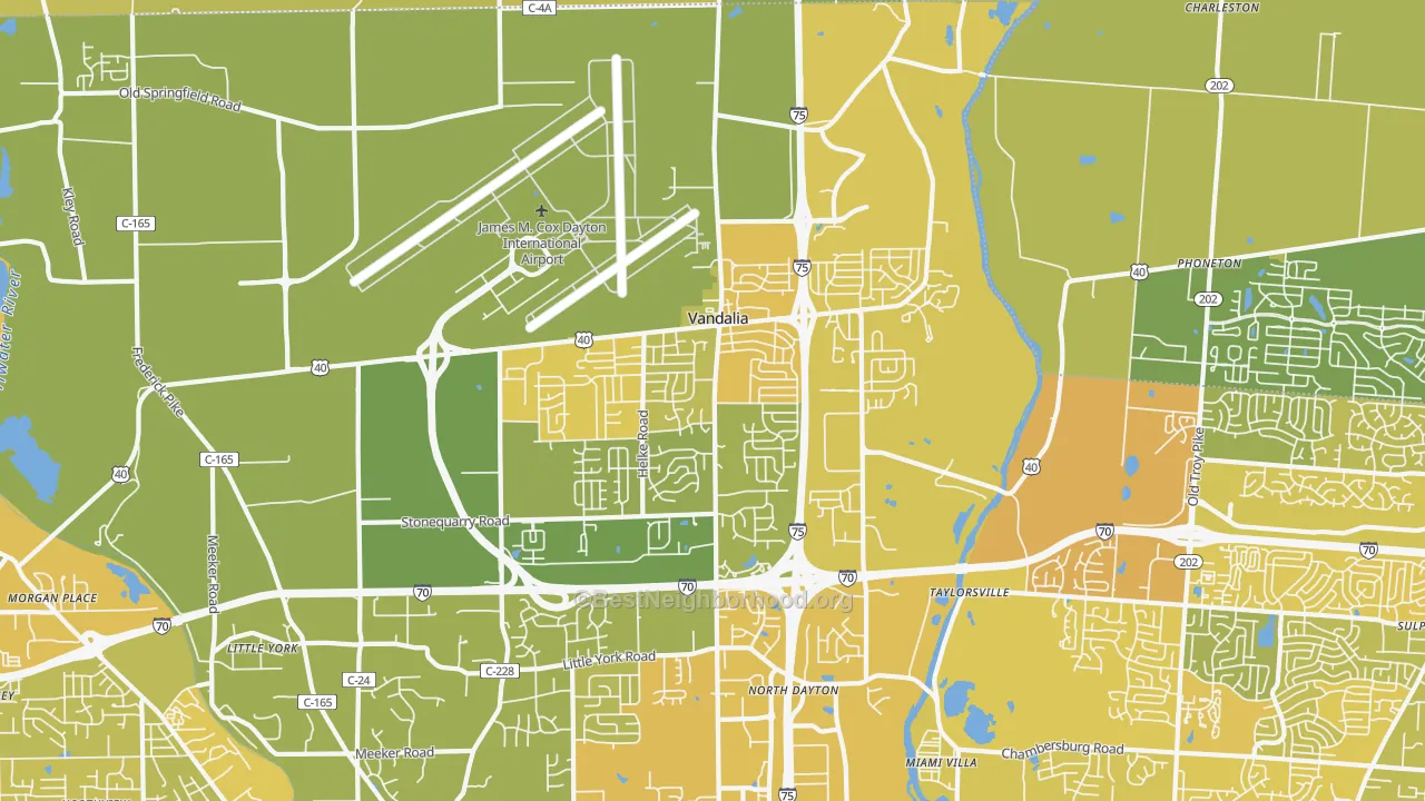 Map of the best neighborhoods in the Vandalia area, with better matches in green and worse matches in red
