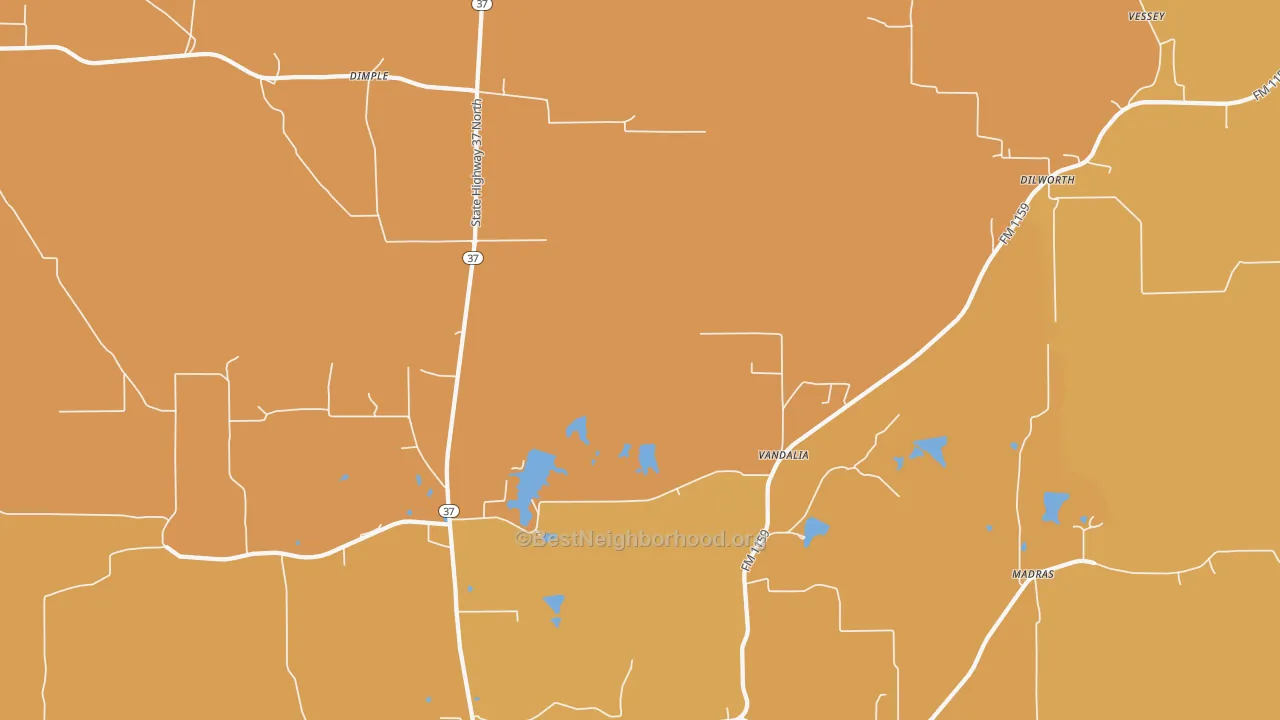Map of the best neighborhoods in the Vandalia area, with better matches in green and worse matches in red