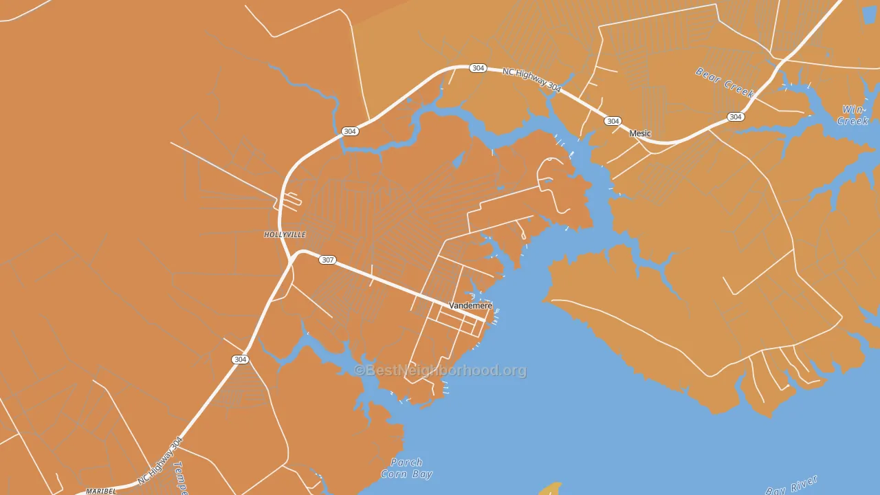 Map of the best neighborhoods in the Vandemere area, with better matches in green and worse matches in red