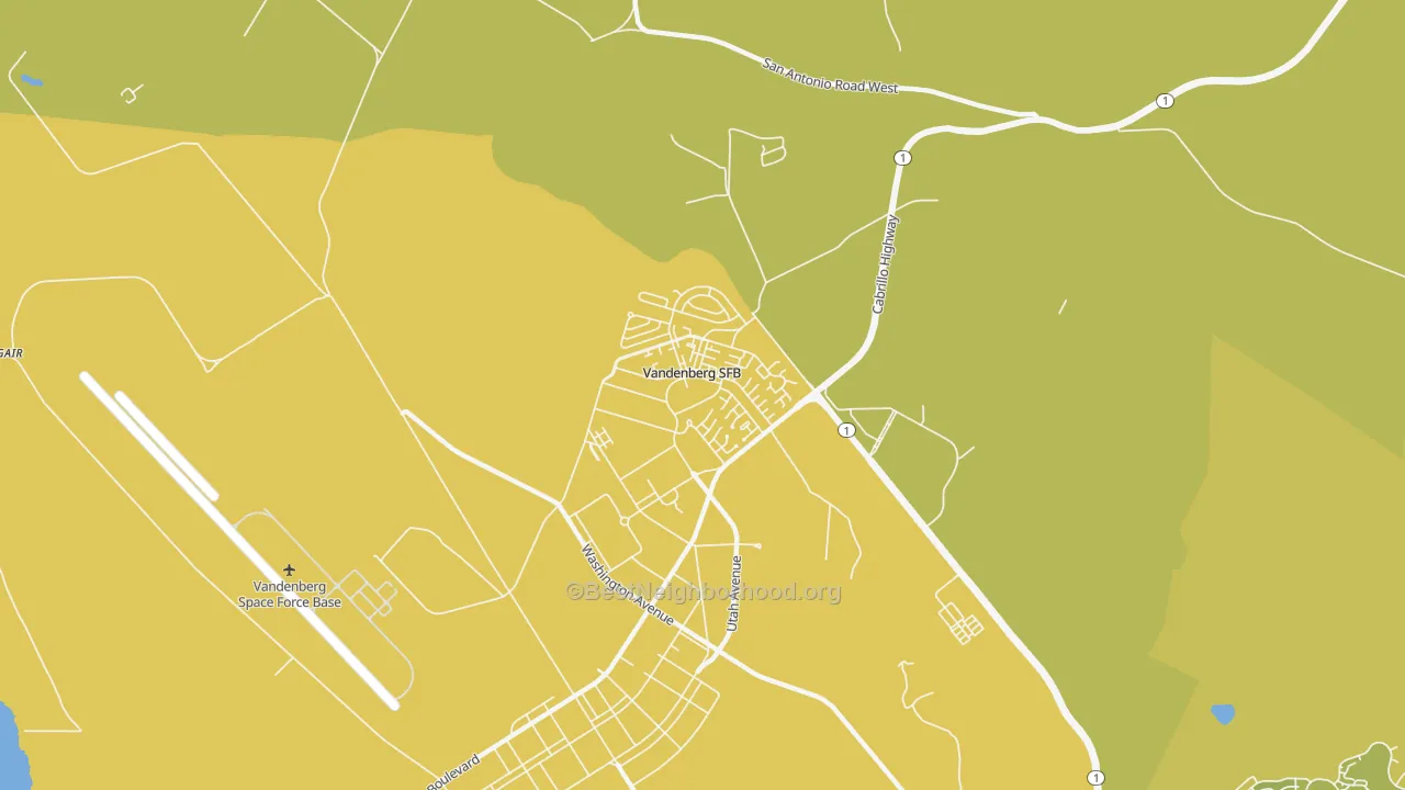 Map of the best neighborhoods in the Vandenberg AFB area, with better matches in green and worse matches in red