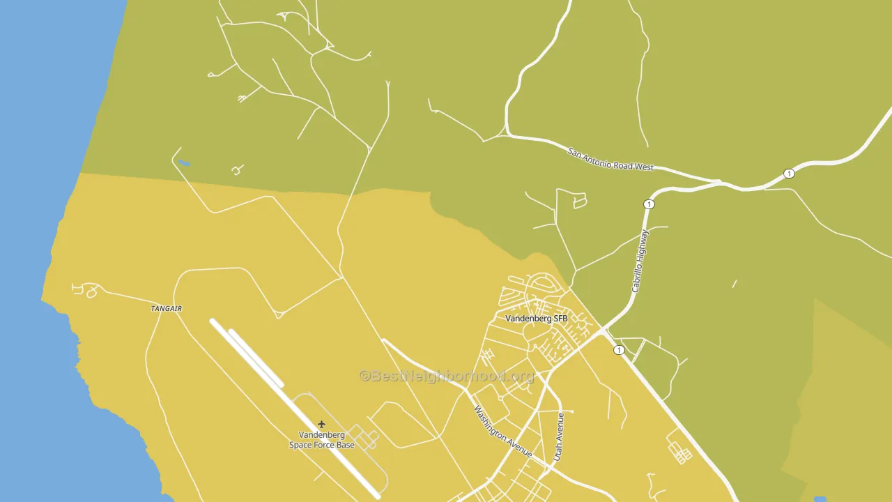 Map of the best neighborhoods in the Vandenberg Air Force Base area, with better matches in green and worse matches in red