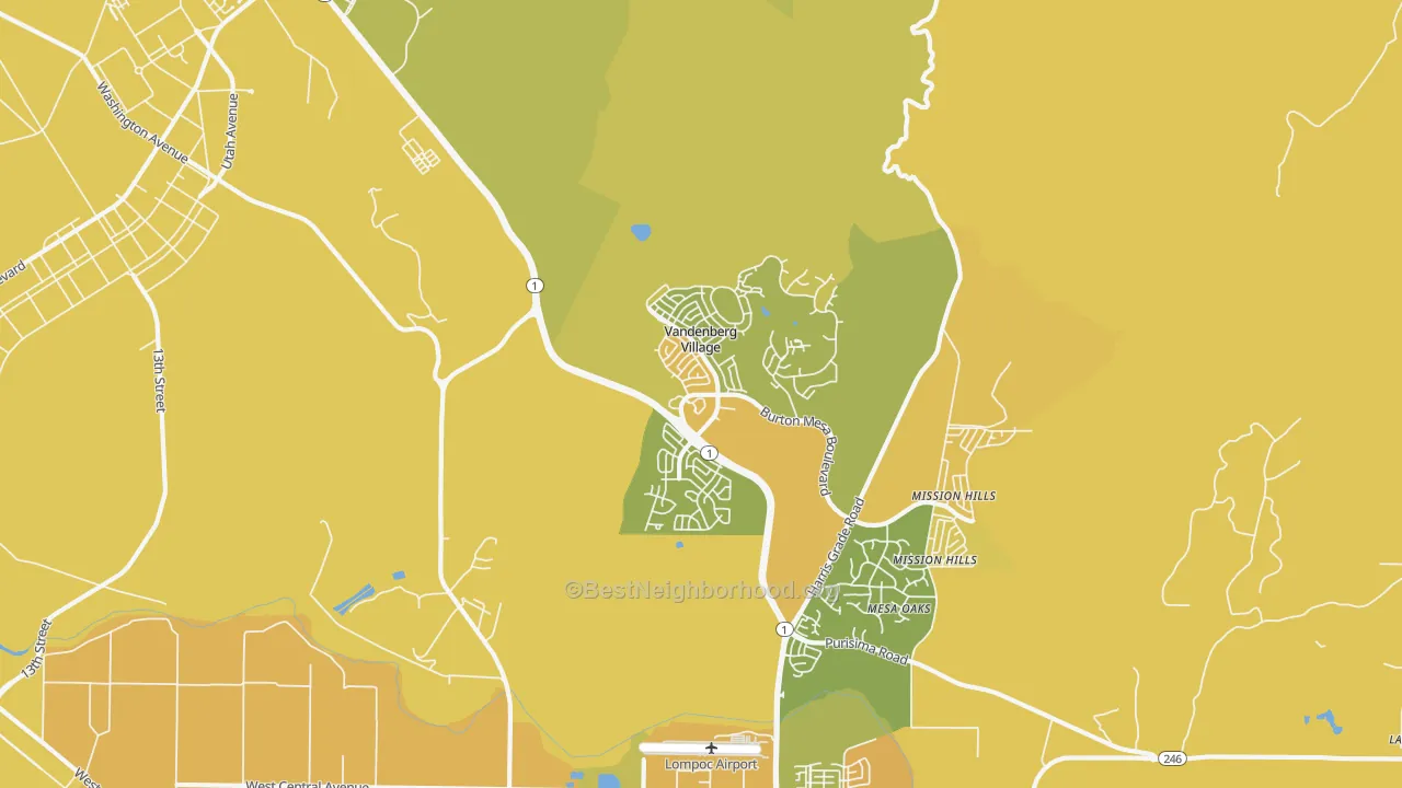 Map of the best neighborhoods in the Vandenberg Village area, with better matches in green and worse matches in red