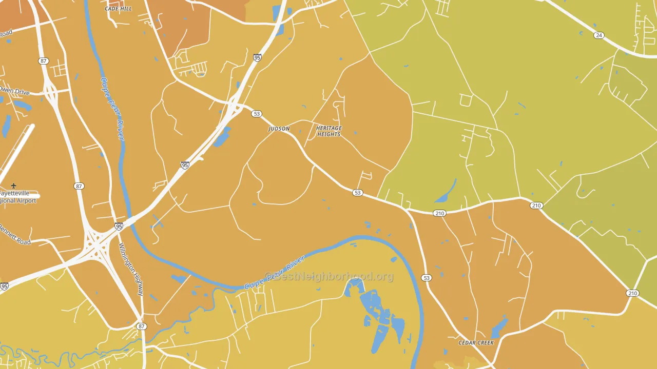 Map of the best neighborhoods in the Vander area, with better matches in green and worse matches in red