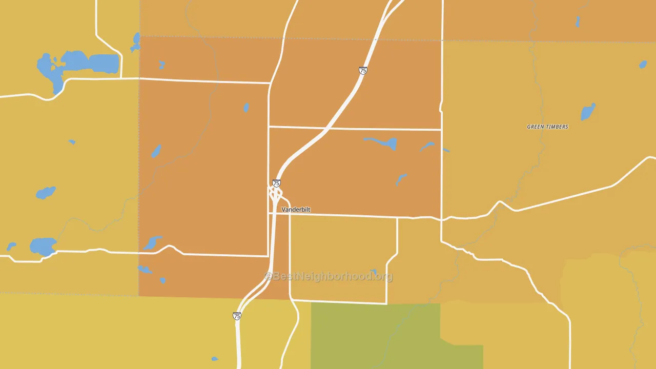 Map of the best neighborhoods in the Vanderbilt area, with better matches in green and worse matches in red