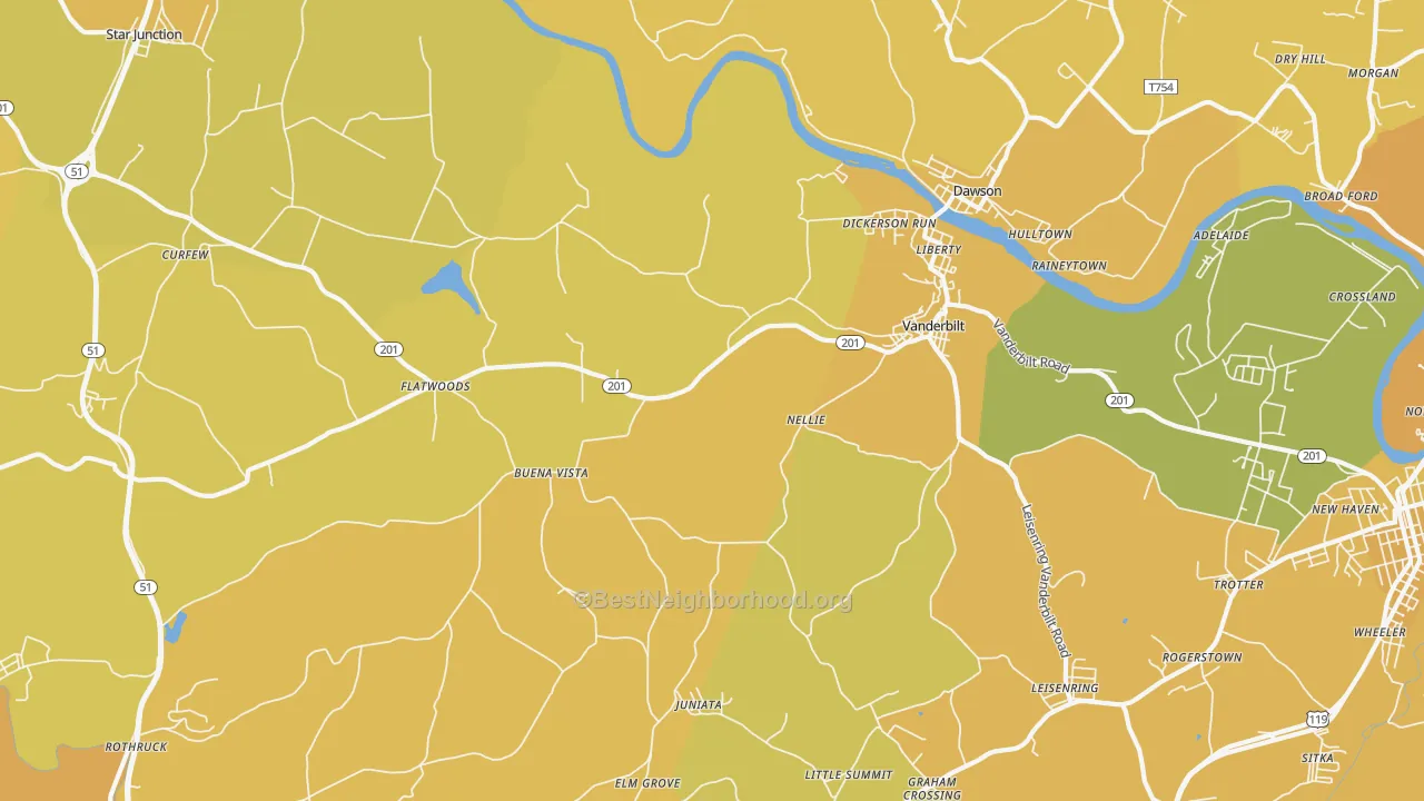 Map of the best neighborhoods in the Vanderbilt area, with better matches in green and worse matches in red