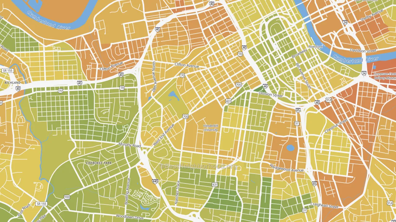 Map of the best neighborhoods in the Vanderbilt-West End, Nashville area, with better matches in green and worse matches in red