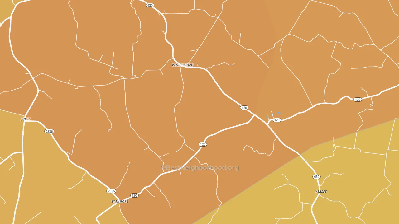 Map of the best neighborhoods in the Vanderburg area, with better matches in green and worse matches in red