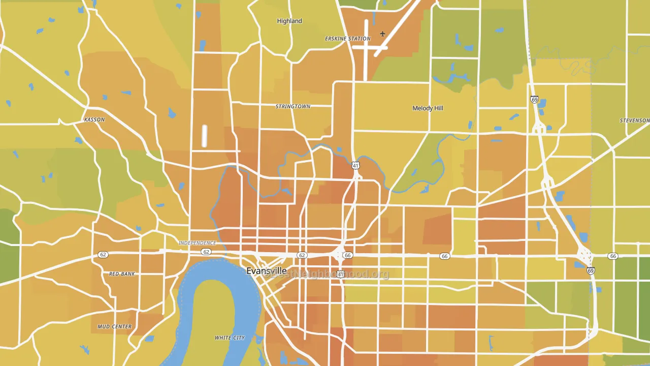 Map of the best neighborhoods in the Vanderburgh County area, with better matches in green and worse matches in red