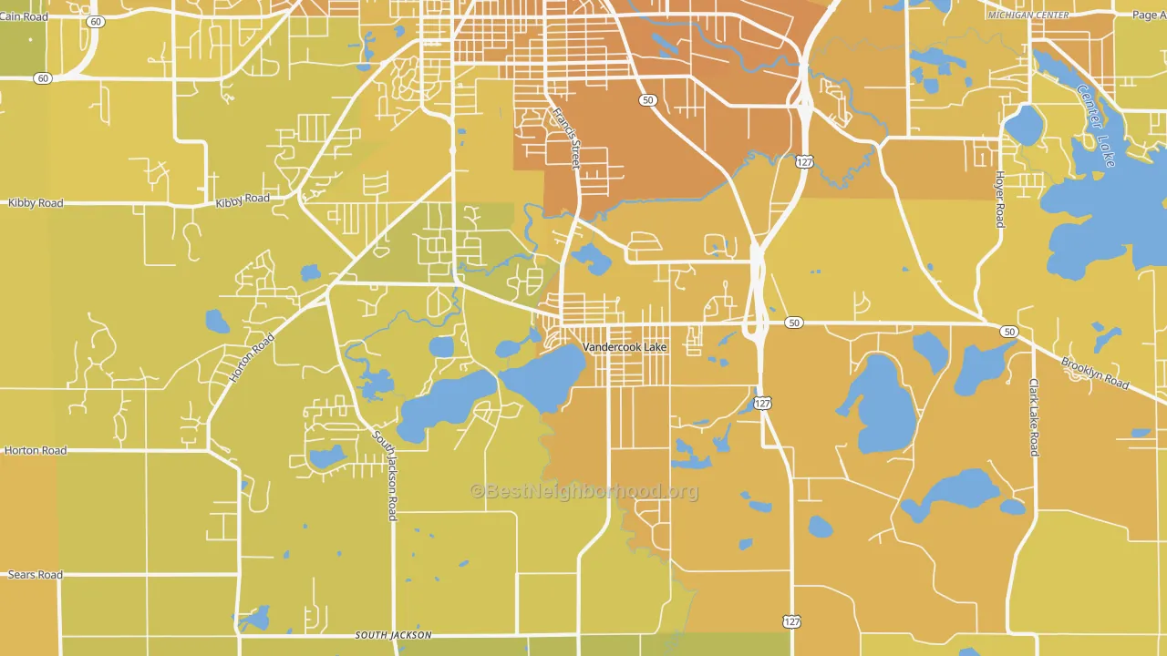 Map of the best neighborhoods in the Vandercook Lake area, with better matches in green and worse matches in red