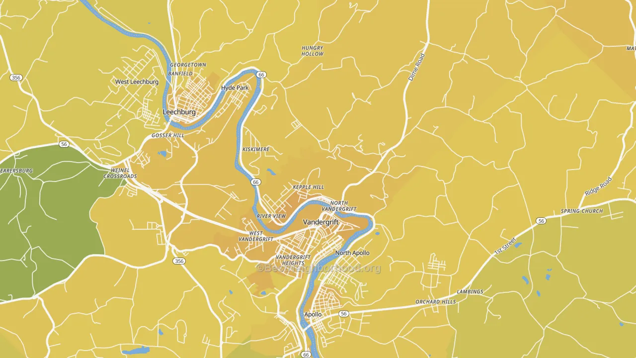Map of the best neighborhoods in the Vandergrift area, with better matches in green and worse matches in red