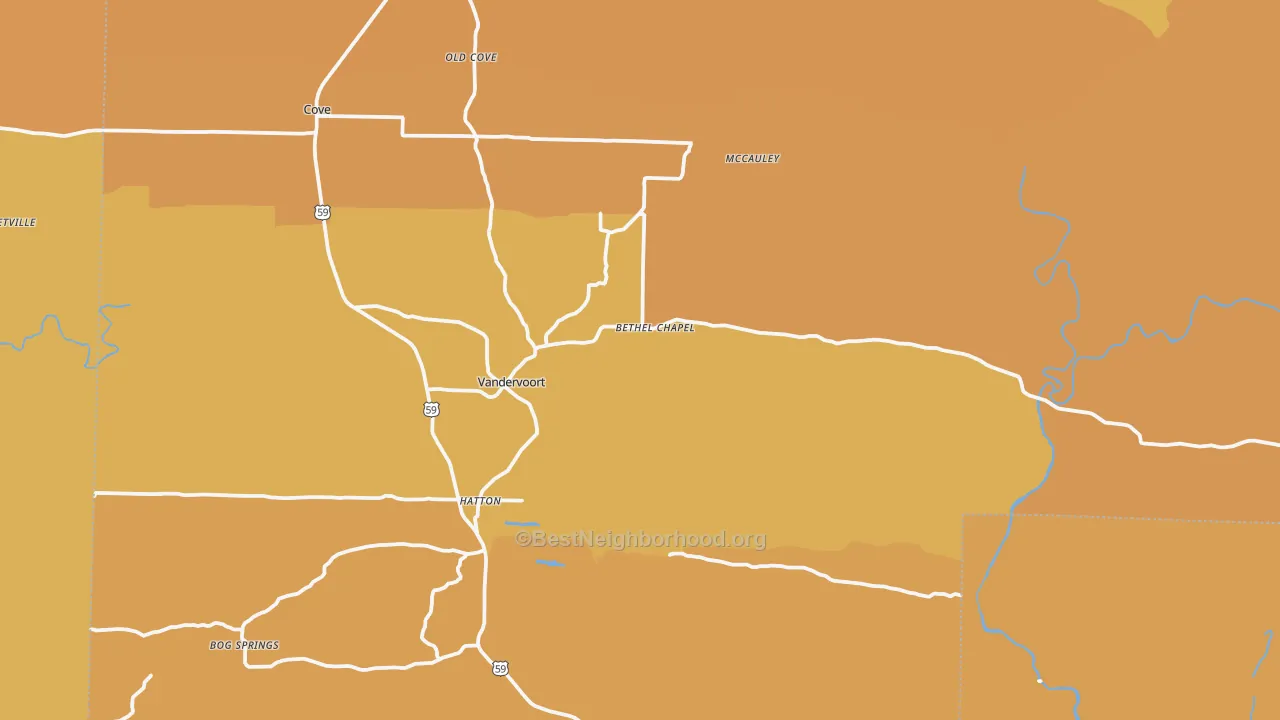 Map of the best neighborhoods in the Vandervoort area, with better matches in green and worse matches in red