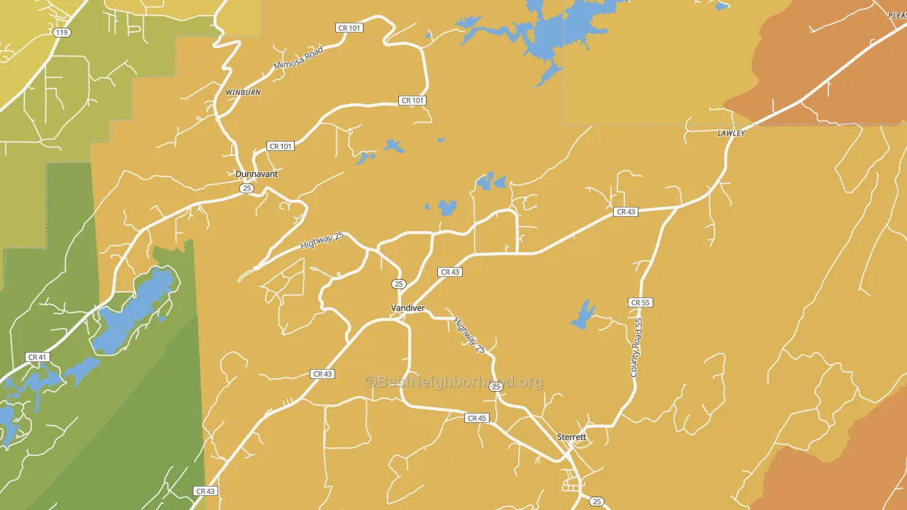 Map of the best neighborhoods in the Vandiver area, with better matches in green and worse matches in red