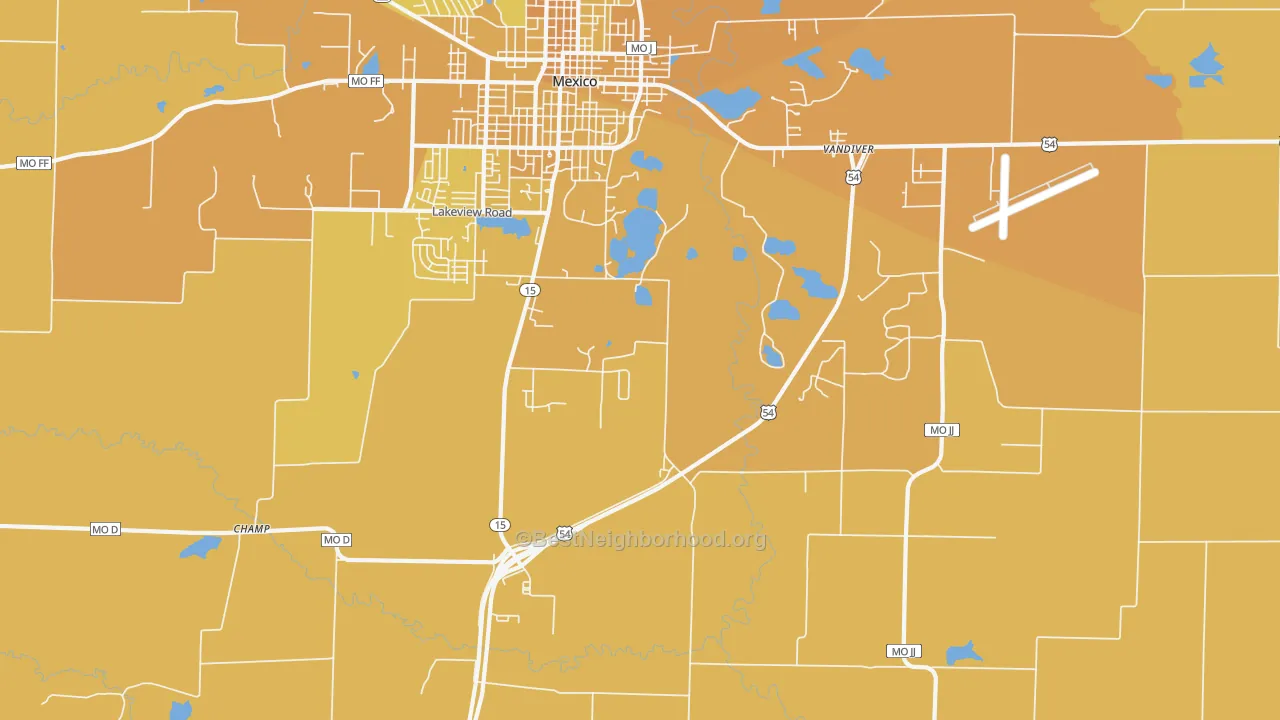 Map of the best neighborhoods in the Vandiver area, with better matches in green and worse matches in red