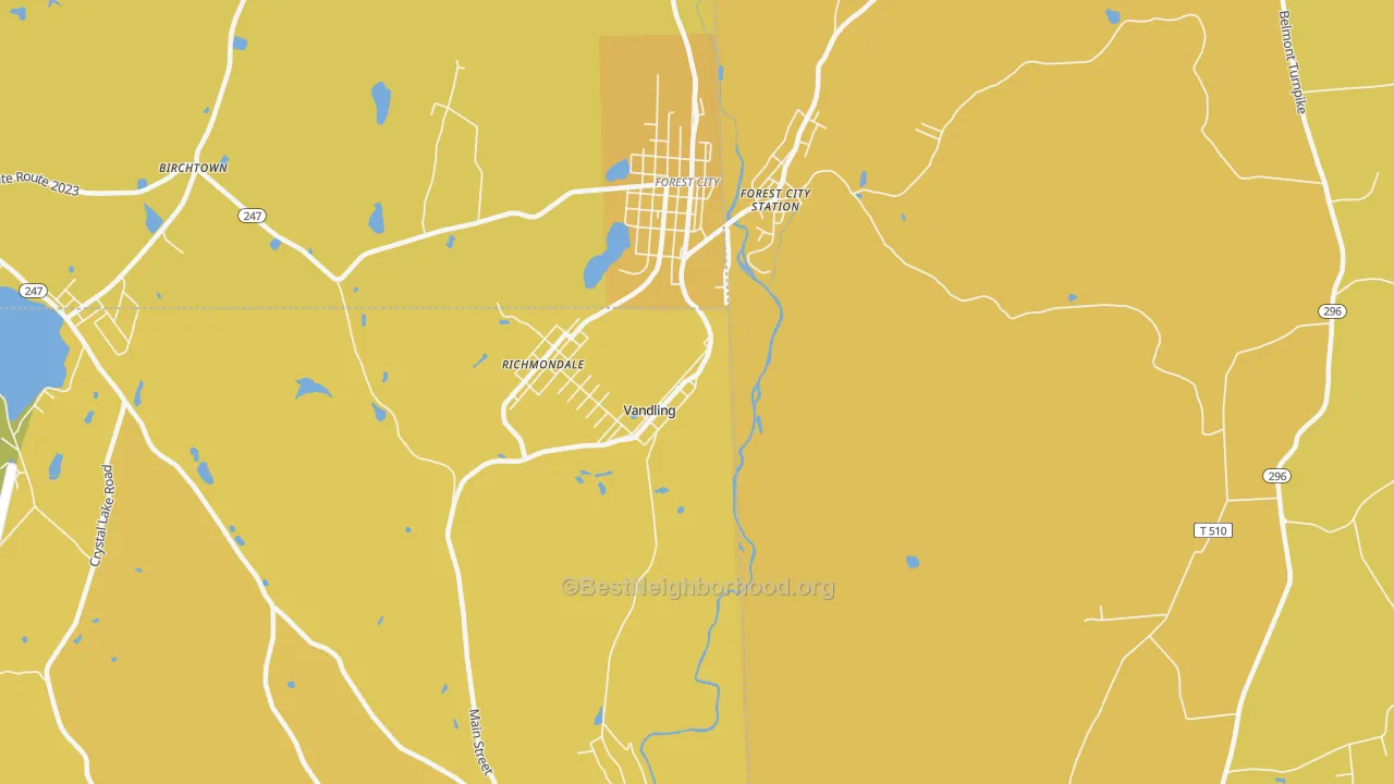 Map of the best neighborhoods in the Vandling area, with better matches in green and worse matches in red
