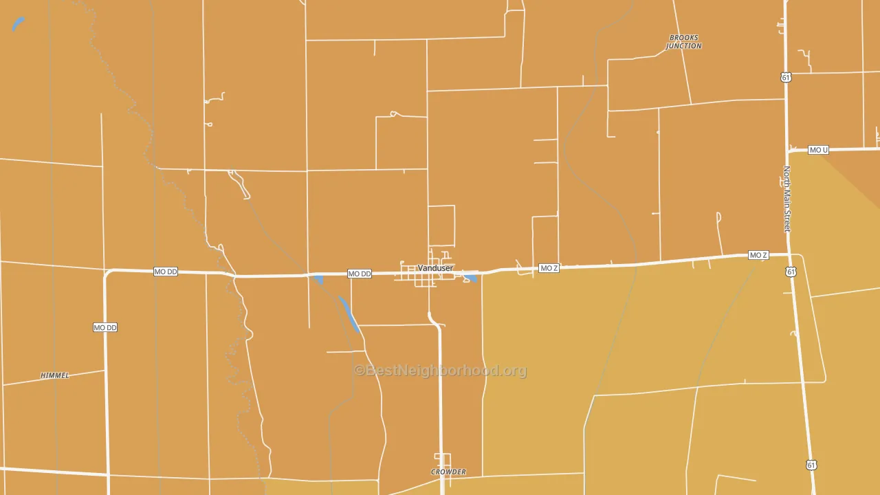 Map of the best neighborhoods in the Vanduser area, with better matches in green and worse matches in red