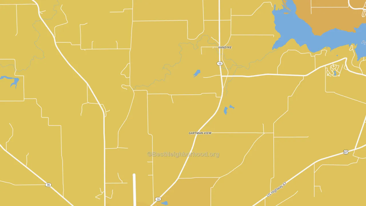 Map of the best neighborhoods in the Vandyke area, with better matches in green and worse matches in red