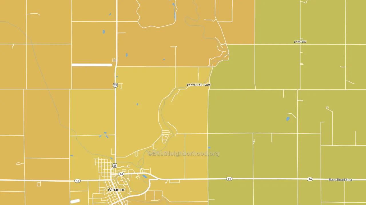 Map of the best neighborhoods in the Vanmeter Park area, with better matches in green and worse matches in red