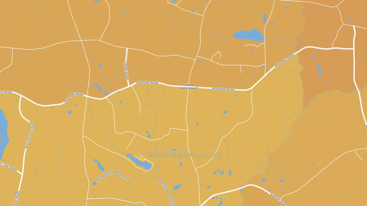 Map of the best neighborhoods in the Vann Crossroads area, with better matches in green and worse matches in red