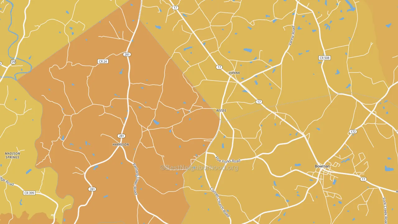 Map of the best neighborhoods in the Vanna area, with better matches in green and worse matches in red