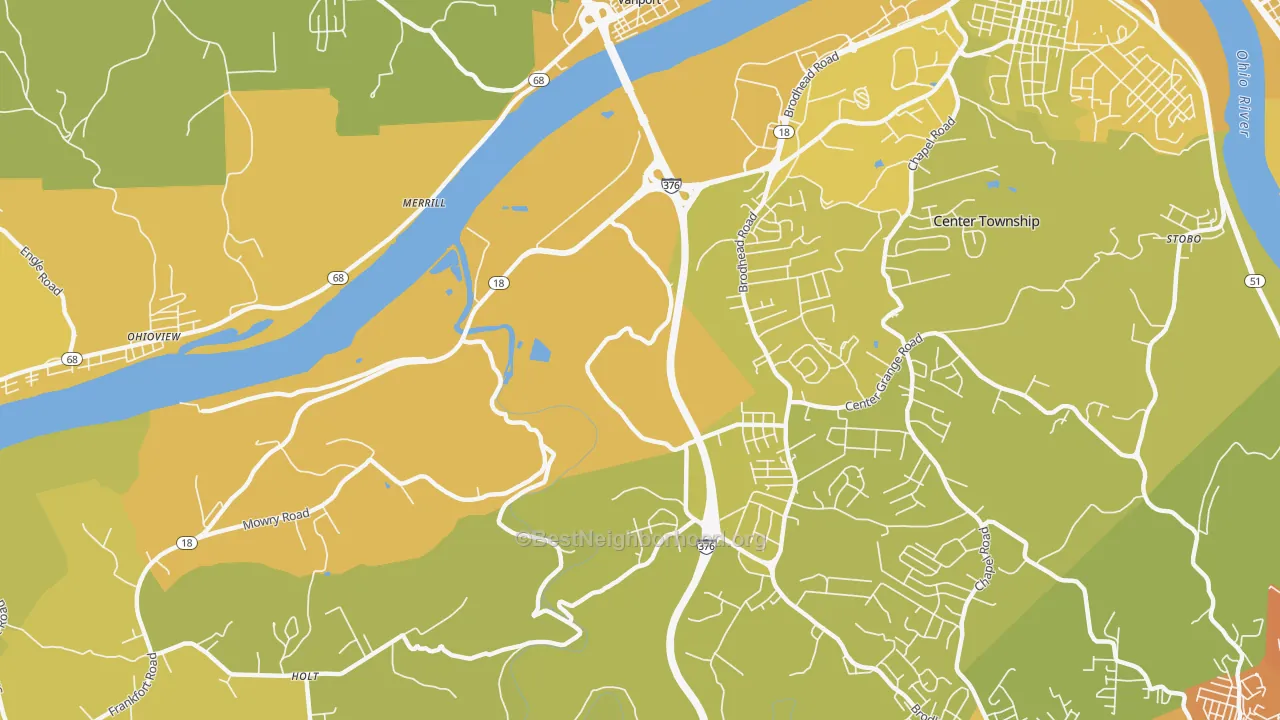 Map of the best neighborhoods in the Vanport area, with better matches in green and worse matches in red