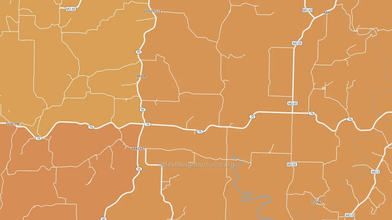 Map of the best neighborhoods in the Vanzant area, with better matches in green and worse matches in red