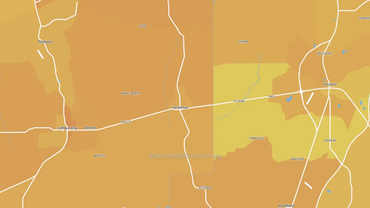 Map of the best neighborhoods in the Vardaman area, with better matches in green and worse matches in red