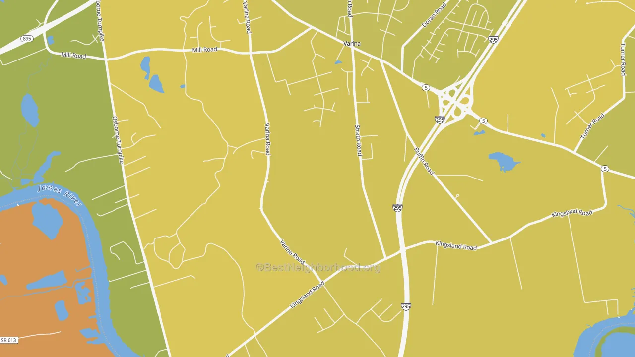 Map of the best neighborhoods in the Varina area, with better matches in green and worse matches in red