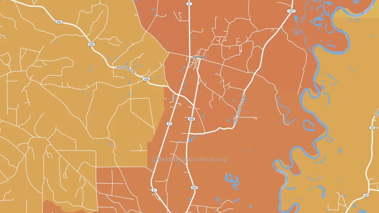 Map of the best neighborhoods in the Varnado area, with better matches in green and worse matches in red