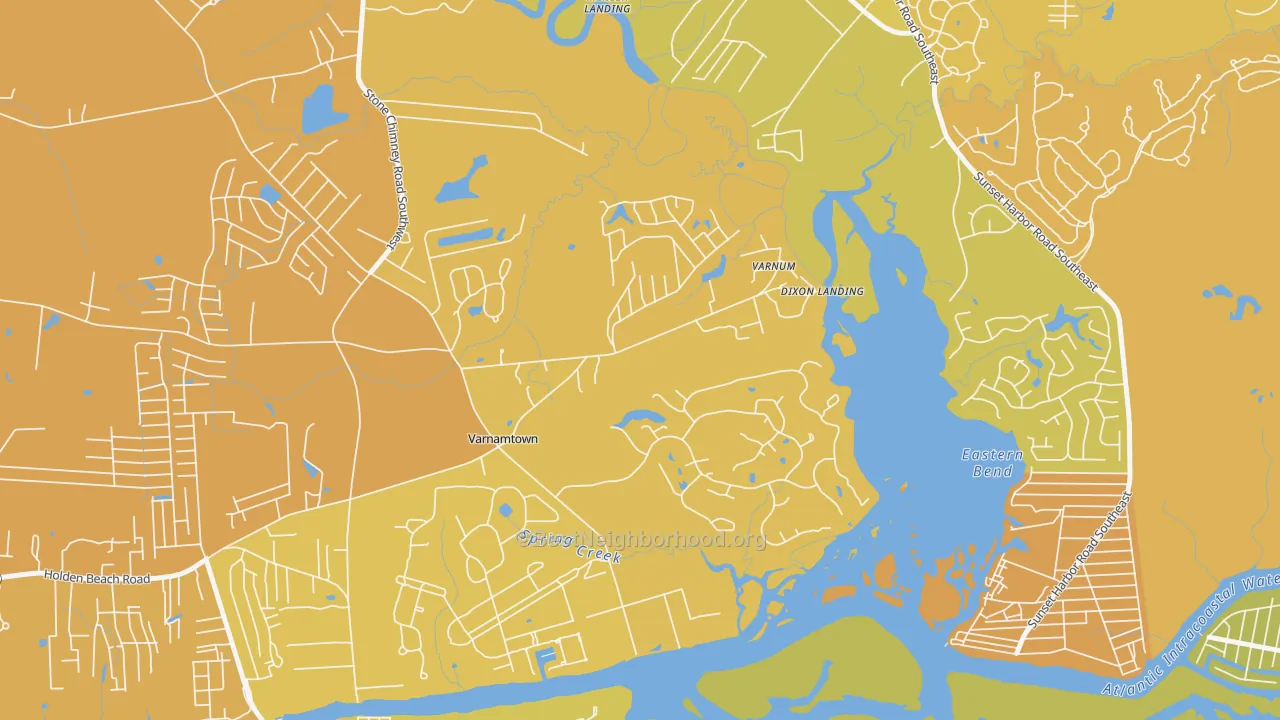 Map of the best neighborhoods in the Varnamtown area, with better matches in green and worse matches in red