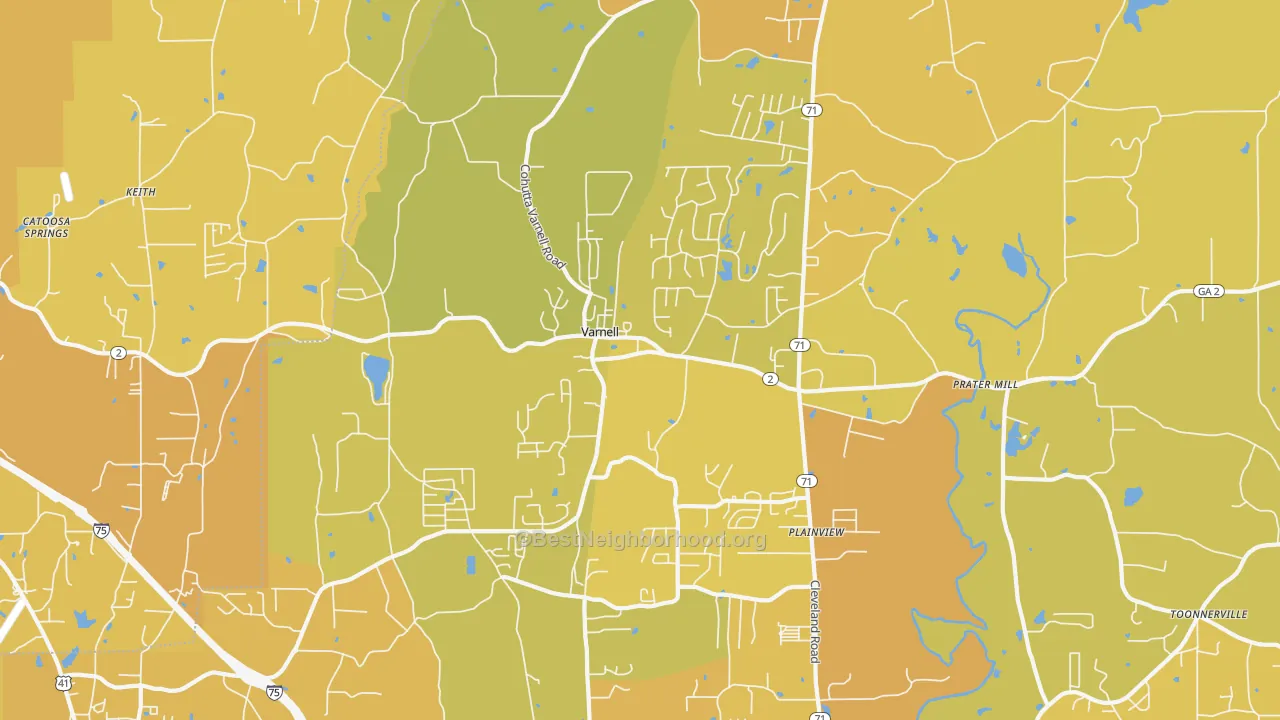 Map of the best neighborhoods in the Varnell area, with better matches in green and worse matches in red