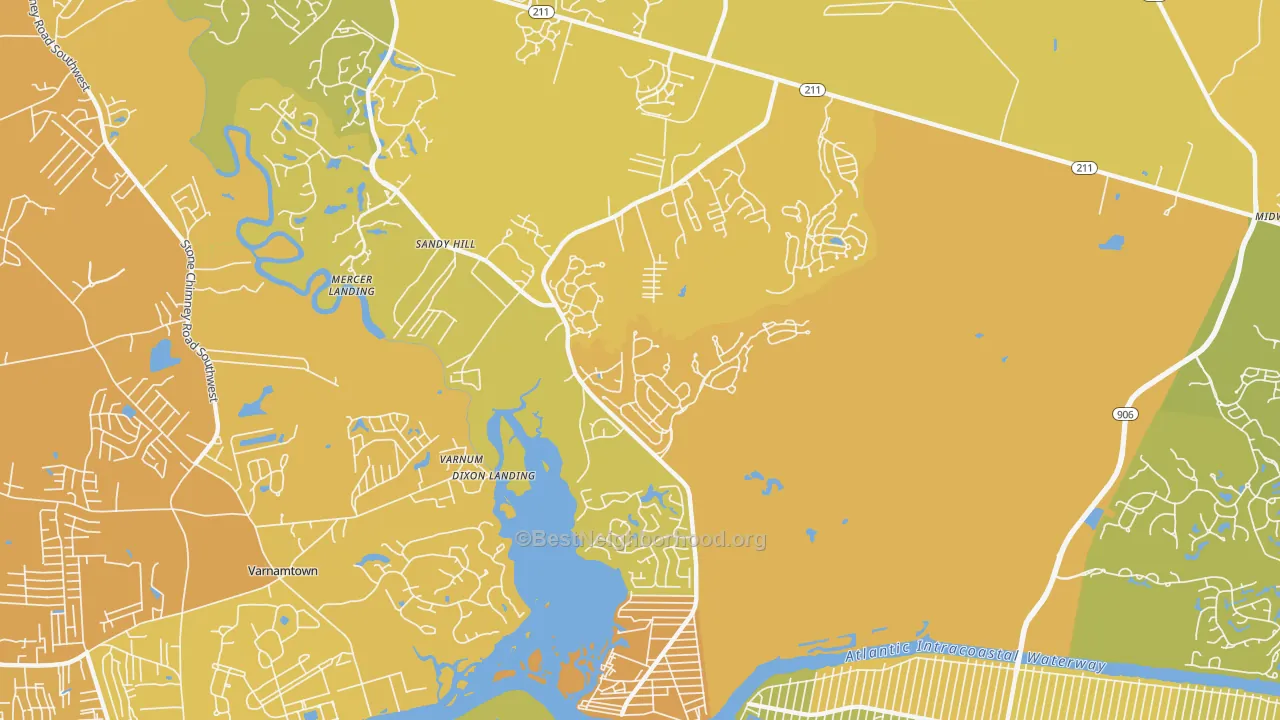 Map of the best neighborhoods in the Varnum area, with better matches in green and worse matches in red
