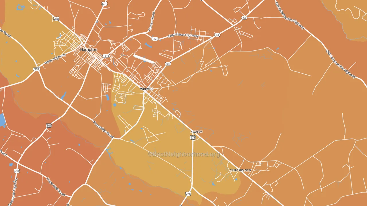 Map of the best neighborhoods in the Varnville area, with better matches in green and worse matches in red